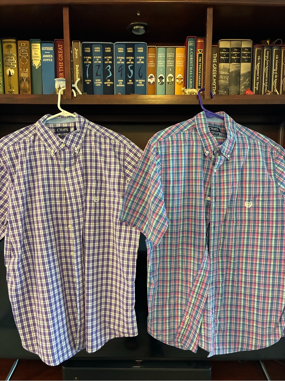 Chaps Men’s Purple and Blue Plaid Short-Sleeve Button-Down Shirts (Pair)